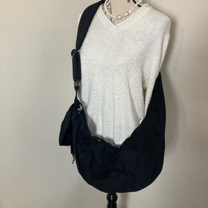 Cross Black Cloth Bohemian Half Moon Crossbody Bag White Button Loop Closure